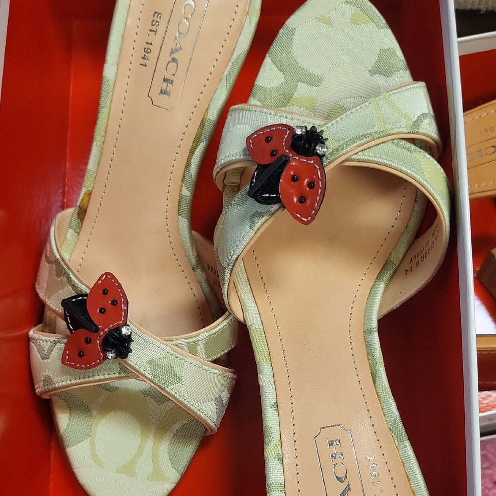 Coach Green Sandals with Red Ladybug Accent